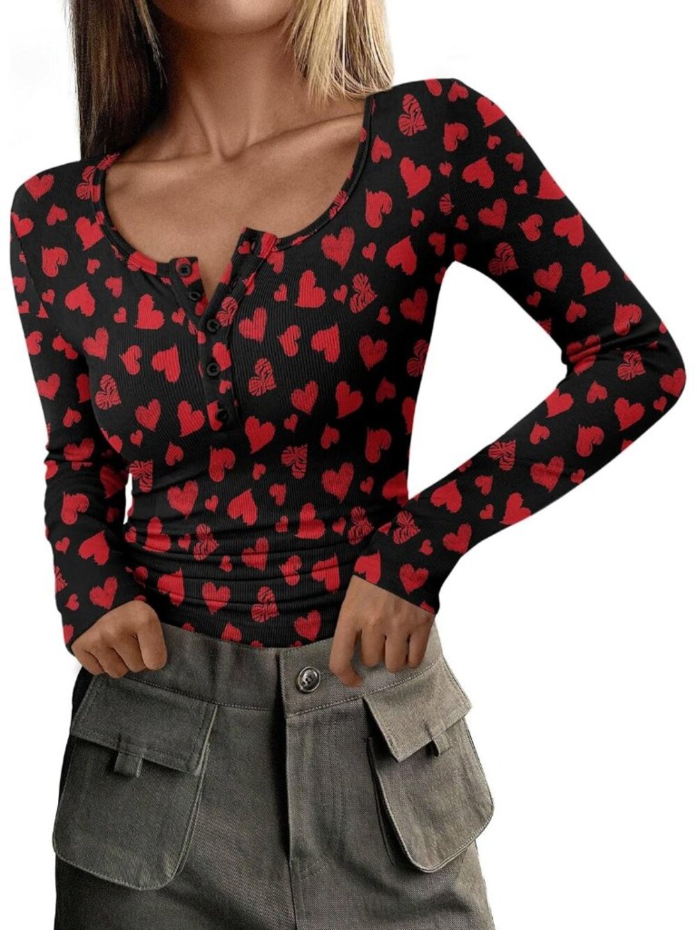 Women's Small Heart Crewneck Long Sleeve Henley T-Shirts Ribbed Knit Button Top